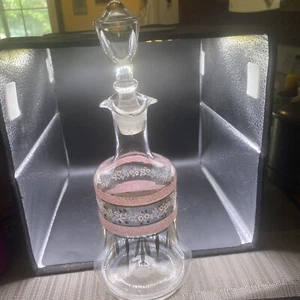 Vintage Hand-Blown Clear Glass Hand Painted w Enamel Pink & Gold Floral Decanter - Picture 1 of 10