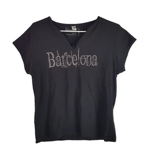 Camiseta de algodón Roly Rhinestone Barcelona para mujer XL negra calce ajustado cuello Henley - Imagen 1 de 9