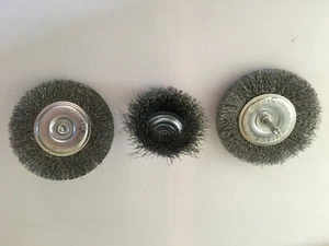 Steel Wire Brush Set. 2 pc = 4" Flat Style & 1pc  3" Cup Style  all 1/4" Shank - Picture 1 of 2
