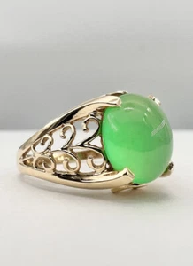 Designer 14k Yellow Gold Natural Cabochon Icy Green Chrysoprase Filigree Ring - Picture 1 of 8