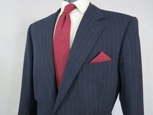 Henry Poole Savile Row London Navy blue white dotted stripe bespoke suit 46 R - Picture 1 of 24