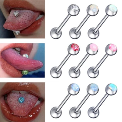 3X 14g Opal Crystal Steel Tongue Bar 16/19/22mm Barbell Nipple Ring Piercing Set - Image 1 of 4