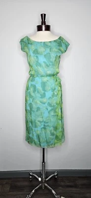Vintage 1950s 1960s Lee Claire New York Green And Blue Floral Chiffon Dress  - Image 1 of 4