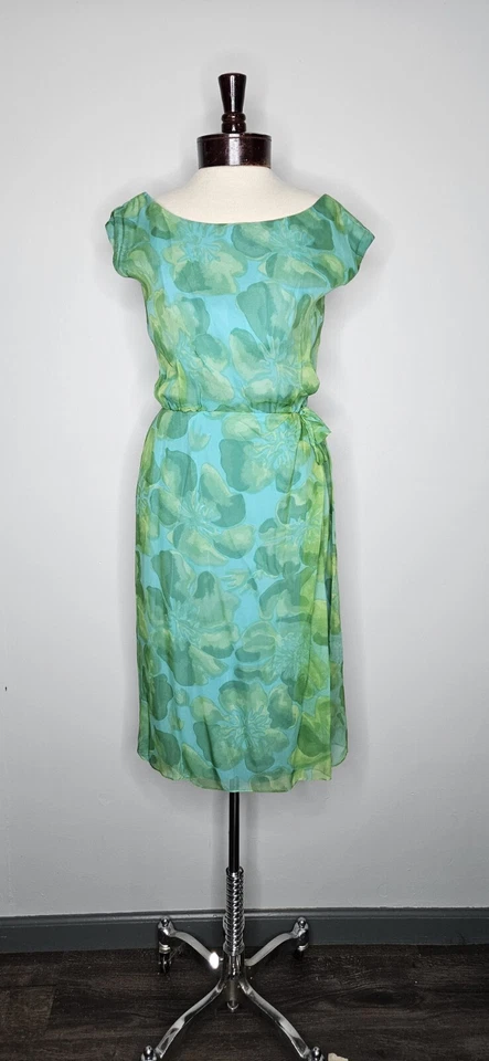 Vintage 1950s 1960s Lee Claire New York Green And Blue Floral Chiffon Dress  - Image 1 of 4