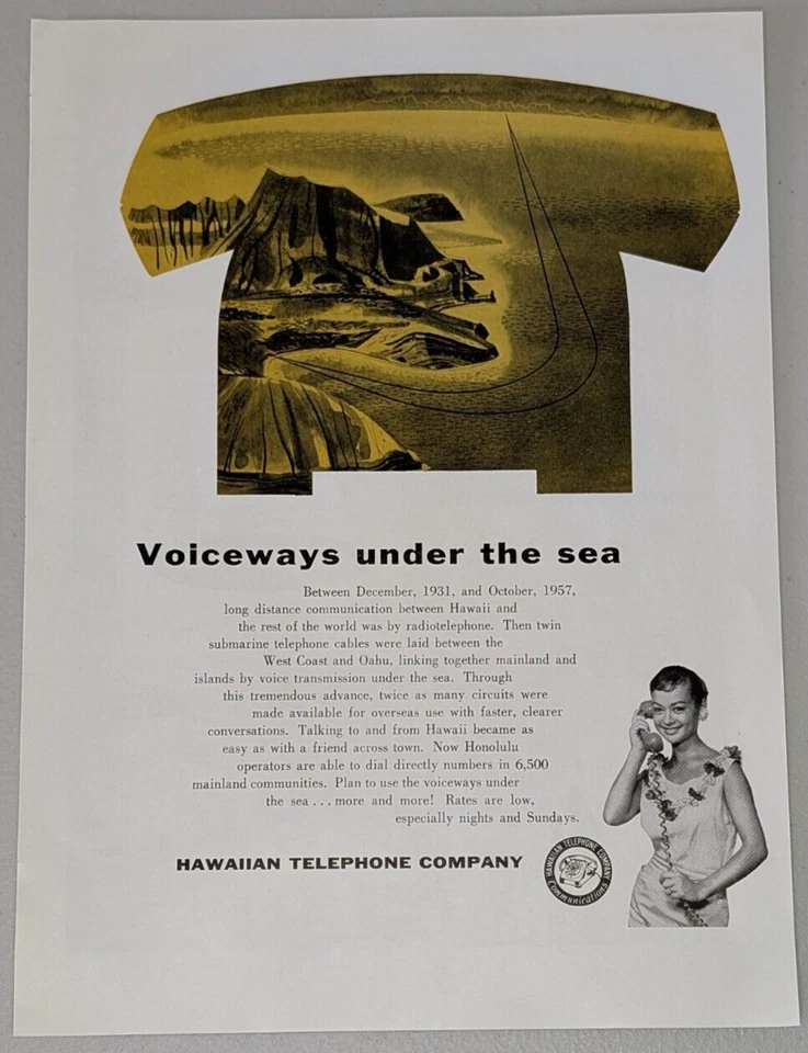 1958 Hawaiian Telephone Vintage Print Ad Honolulu Mainland Submarine Cable Ocean - Image 1 of 1