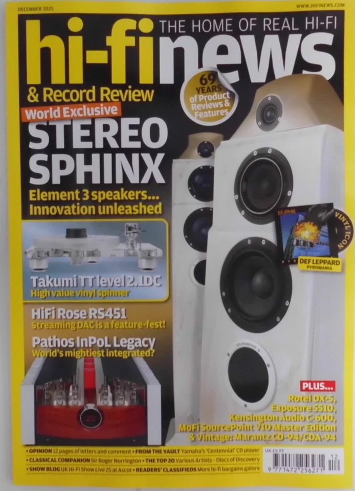 Hi-Fi News &Record Review magazine Dec 25 Element 3 speakers +Pathos InPol Legac - Image 1 of 1