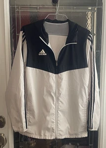 Adidas Windbreaker Jacket Black White Hooded Zip Up Zip Pockets Mens M Polyester - Picture 1 of 4
