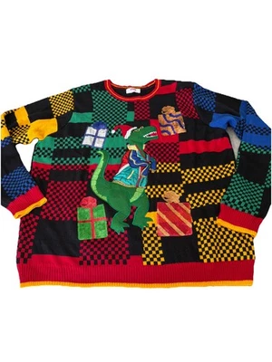 Holiday Time Unisex Adult Dinosaur Ugly Christmas Pullover Sweater Sz 2XL - Image 1 of 4