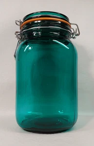 Kanister Glas dunkel smaragdgrün Glas-Draht Bügel aufklappbar 8" x 4" Vintage SCHNELLER VERSAND - Bild 1 von 8