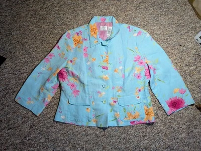 Emma James Petite 14 Floral Linen Blend Blazer Jacket Blue Pink Orange Flowers - Image 1 of 4
