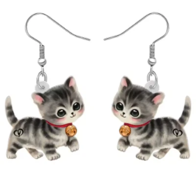 Acrylic Gray Tabby Cat Kitten Dangle Earrings Birthday Christmas Gift Pet Lover Foto 1 de 4