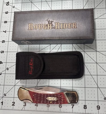 Rr318 Rough Rider Folding Hunter 5” W/lock Red Jigged Bone Pocket Knife W/sheath - Image 1 of 4