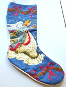 Needlepoint Angel Christmas Stocking Holiday Wool candle bow blue ivory X - Picture 1 of 14