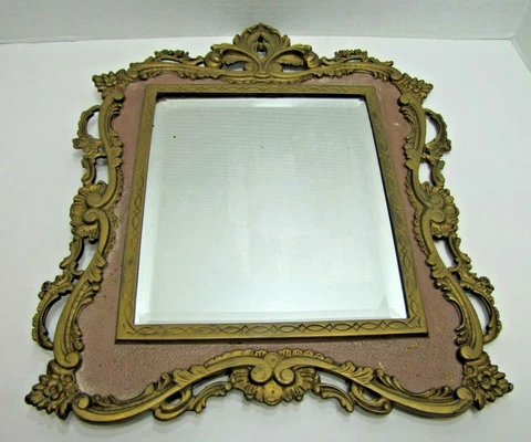 19c National Brass & Iron Works Decorative Arts Bevel Edge Wall Mirror Pink Gold Cover