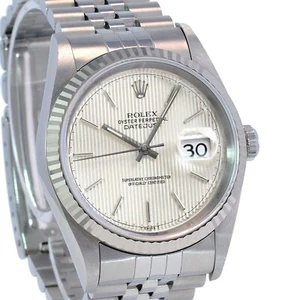 ROLEX DATEJUST MENS SILVER TAPESTRY DIAL 18KW GOLD FLUTED JUBILEE WATCH 16234 - Picture 1 of 9