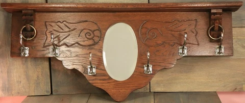 Antique French Hand Carved Oak Wall Coat Hat Rack with Mirror Lions Heads Rings Cover