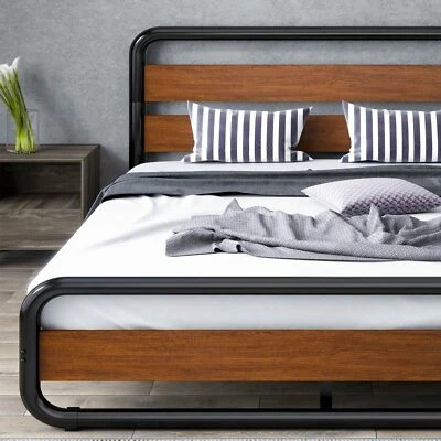 King Size Heavy Duty Metal Bed Frame with Wooden Headboard & Footboard,Walnut - Image 1 of 4