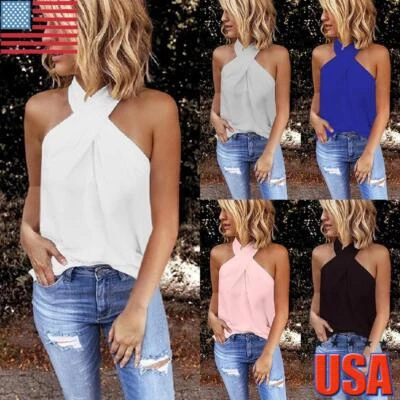 MARKENLOS Damen Neckholder-Tanktop Ärmellose Weste Lässig Solides Sommer-T-Shirt с