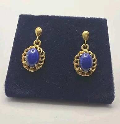 Gold Cabochon Lapis Lazuli Drop Earrings Filigree Setting  - Image 1 of 4