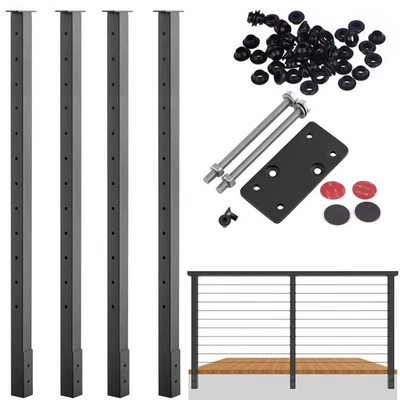 Paquete de 4 postes cuadrados de barandilla de cable de montaje lateral de acero inoxidable de 42 x 2 x 2 con herrajes Foto 1 de 4