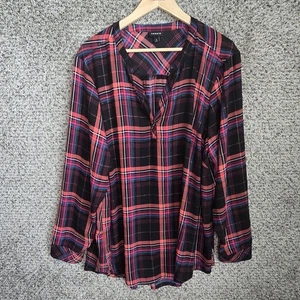 Torrid Top Womens 3 US Plus 3X Pink Black Plaid Georgette V Neck Blouse Casual - Picture 1 of 7
