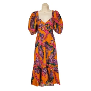 FARM Rio Beaded Macaw Puff-Sleeve Flare Midi Dress Cotton Orange Size Small - Picture 1 of 11