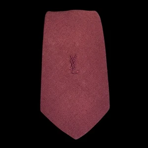 Yves Saint Laurent Tie - Maroon Red Linen - YSL Embroidered - Vintage - 56” - Picture 1 of 7