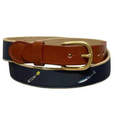 Leather Man LTD Brown Leather Fishing Lure Navy Canvas Belt Men 34 Brass Buckle - Image 1 of 4