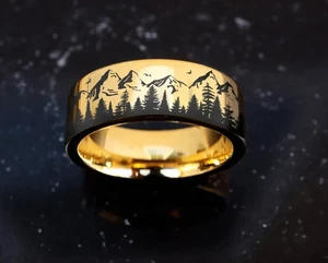 Golden Unisex Adult Tungsten Nature Mountain Scene Minimalist Wedding Ring- 8mm - Picture 1 of 3