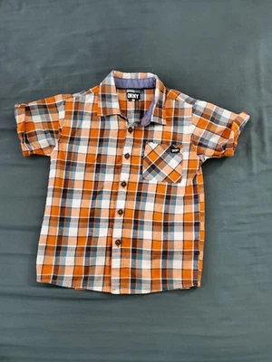 DKNY Boys Short Sleeve Dressy Shirt Orange Plaid Button Down Size 5 - Image 1 of 3