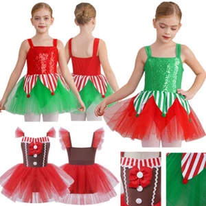 Kids Girls Christmas Elf Costume Shiny Tutu Dress Sleeveless Ice Skating Holiday - Picture 1 of 36