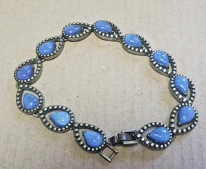 Gold Tone Metal Blue Sparkle Enamel Cabochon Tear Drop Link Bracelet Stamped LE - Picture 1 of 5