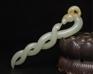 Antiguo Jade Hetiano Pekín Artesanal Tallado Motivo Tradicional Serpiente Carnero - Imagen 1 de 9