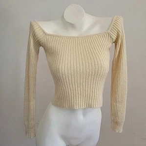 12th Tribe Miley Cropped Rib Knit Off the Shoulder Cropped Sweater Cream NEW - Picture 1 of 13