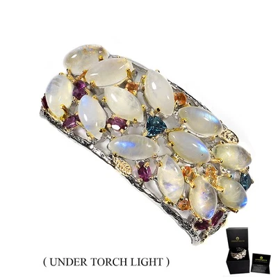 925 Sterling Silver Bangle Moonstone 45ct Topaz Rhodolite Handmade Jewelry - Image 1 of 4