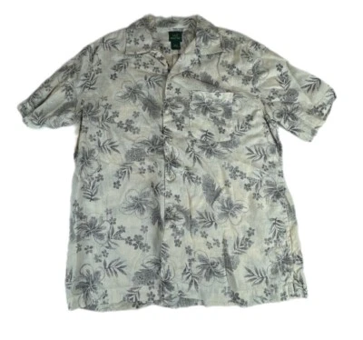 Marshall Fields Linen Hawaiian Shirt Mens Sz L Beige Floral Short Sleeve Vtg 90s - Image 1 of 4