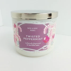 Bath & Body Works TWISTED PEPPERMINT Scented 3 WICK CANDLE Burns 25-45 Hours - Picture 1 of 10