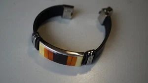 Armband Leder/Stahl mit baltischem Bernstein, Länge 20 cm Breite 10 mm UNBENUTZT - Bild 1 von 4
