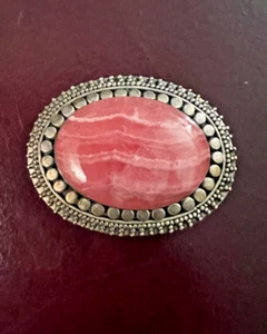 Vintage 925 Sterling Silver Cabochon Rhodochrosite Brooch Pin - Picture 1 of 5