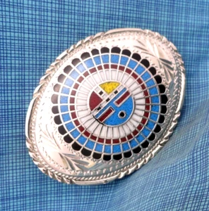 Zuni Sacred Sun Face Belt Buckle Turquoise Coral Onyx Inlay Vtg 80s SSI  .GMP175 - Picture 1 of 10