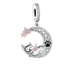 💖 Katze Anhänger Pfotenabdruck Engelsflügel Mond & Sterne echt 925 Sterling Silber - Bild 1 von 2