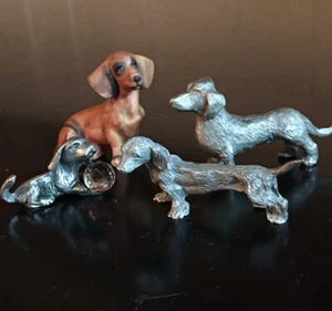 Set of 3 Pewter Dachshund Dog Miniature Figurines Plus 1 Ceramic - Picture 1 of 7