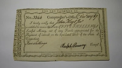 1789 5 Shillings Connecticut Comptroller Colonial Currency Note! Ralph Pomeroy - Image 1 of 2