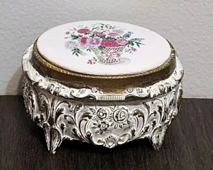 Vtg GUNTHER MELE Floral Porcelain Top Working MUSICAL Trinket Box 2"× 3.5" BRASS - Picture 1 of 16
