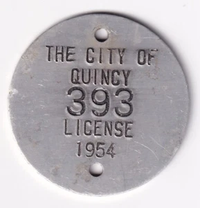 1954 CITY OF QUINCY (ILLINOIS)  1-5/8 INCH DIAMETER  AUTO LICENSE TAG #393 - Picture 1 of 2