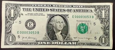 $1 Fancy Serial Number- Low Serial Number, 00003053 (364) - Image 1 of 2