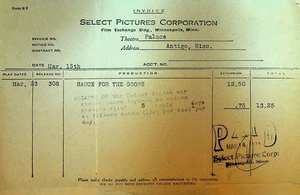 Select Pictures Invoice March 13 1919 Sauce for the Goose Silent Film - Picture 1 of 1