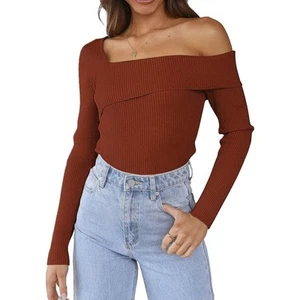 Anrabess Womens Off Shoulder Pullover Long Sleeve Sweater Size XL Color Brown - Picture 1 of 8