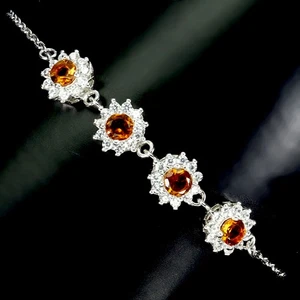 925 Sterling Silver Bracelet Round Citrine 4mm Natural Gemstone Jewelry 7inches - Picture 1 of 14