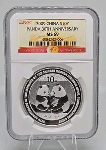 2009 China Panda Silver 10 Yuan 1 oz 30th Anniversary Coin NGC MS 69 - Picture 1 of 4